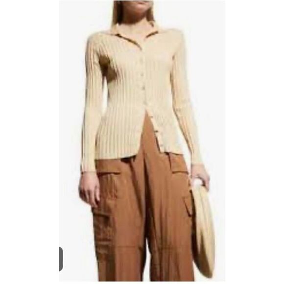 Vince Long Sleeved Ribbed Collar Cardigan in Milk Honey NWT Size Medium - Picture 3 of 8